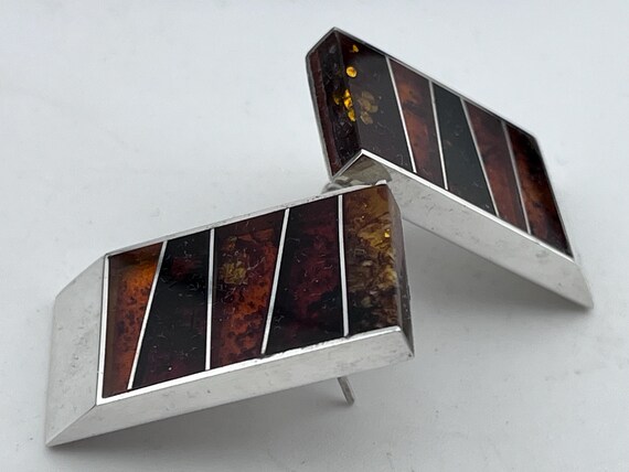 Amber and sterling silver rectangular large earri… - image 2