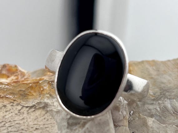 silver statement black agate ring size uk T1/2 US… - image 8