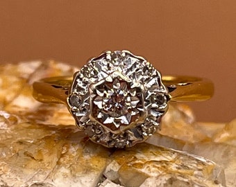 1969 18kt gouden diamanten margriethalo-ring maat ukJ1/2 usa5