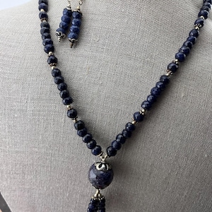 sapphire beaded necklace with matching earrings