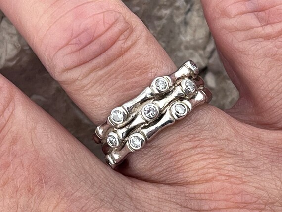 solid silver three row bamboo and cz ring size uk… - image 6
