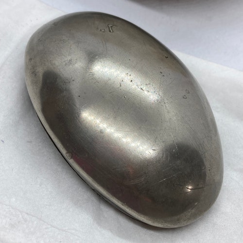 Edwardian antique pewter pocket airtight clam shell box CW HOMEWOOD Dec top 19th 1903