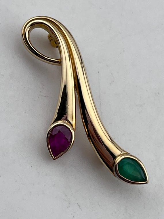 18ct gold ruby and emerald polished curved brooch… - image 5