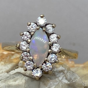 1982 vintage solid opal marquise cabochon CZ halo ring size ukJ usa4.25
