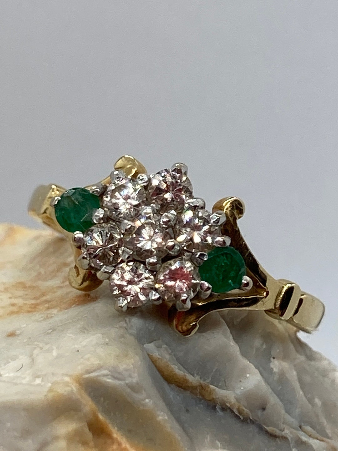 1978 Vintage 1/2ct Diamond Daisy Ring With Emerald Leaves, 18ct Gold ...