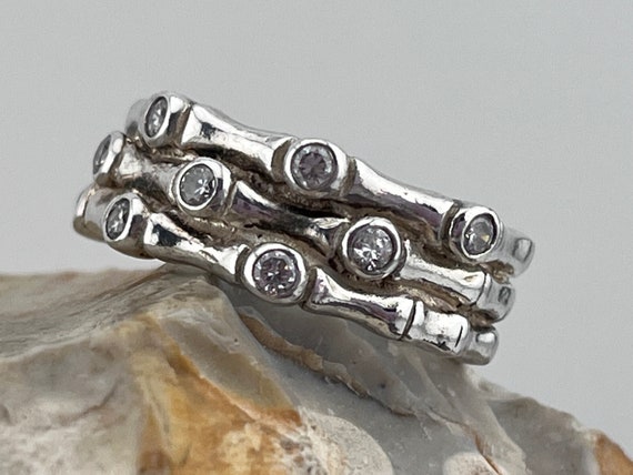 solid silver three row bamboo and cz ring size uk… - image 8