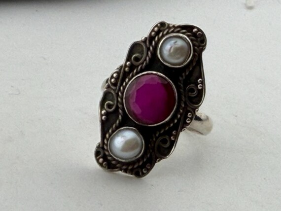 ruby and Pearl silver statement ring size uk O US… - image 1