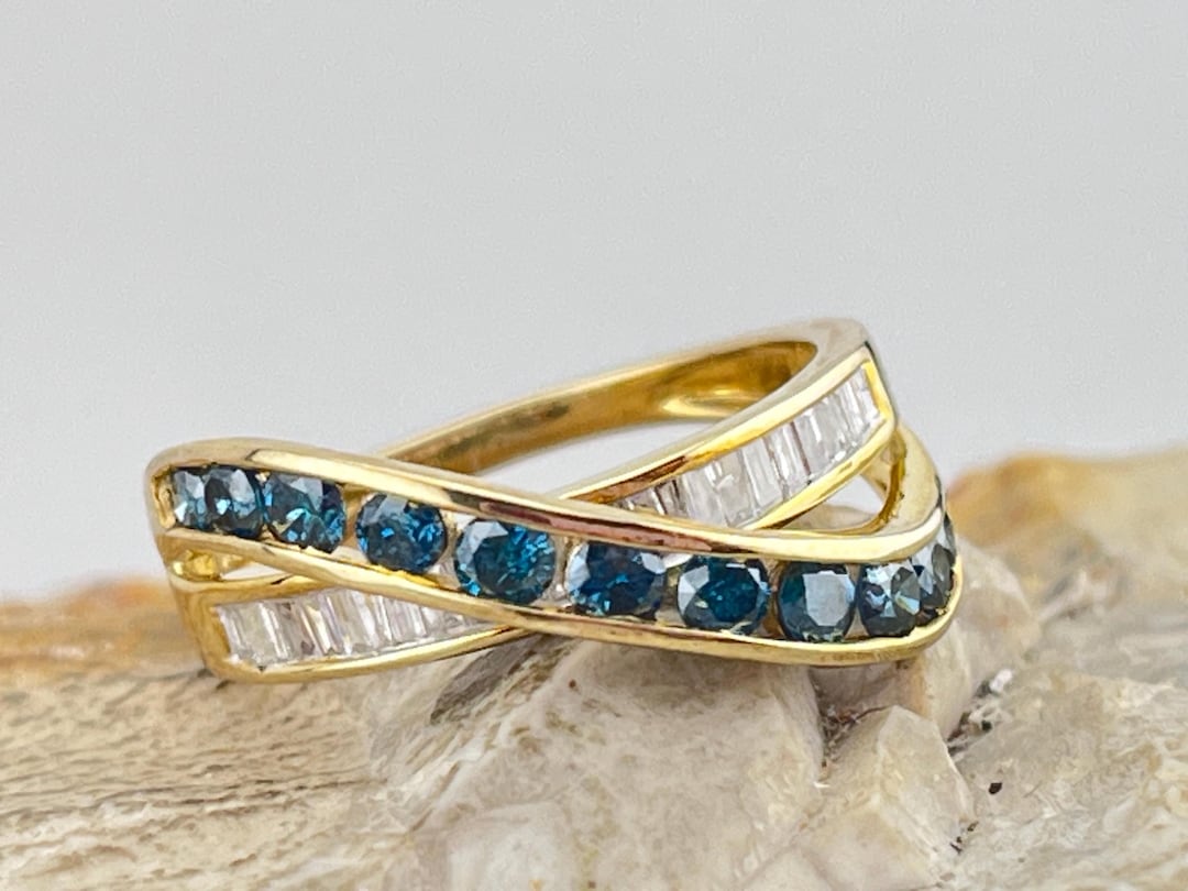 Blue & White Diamond Ribbon 9ct Gold Ring Stacker Size Uk N1/2 USA 7 - Etsy