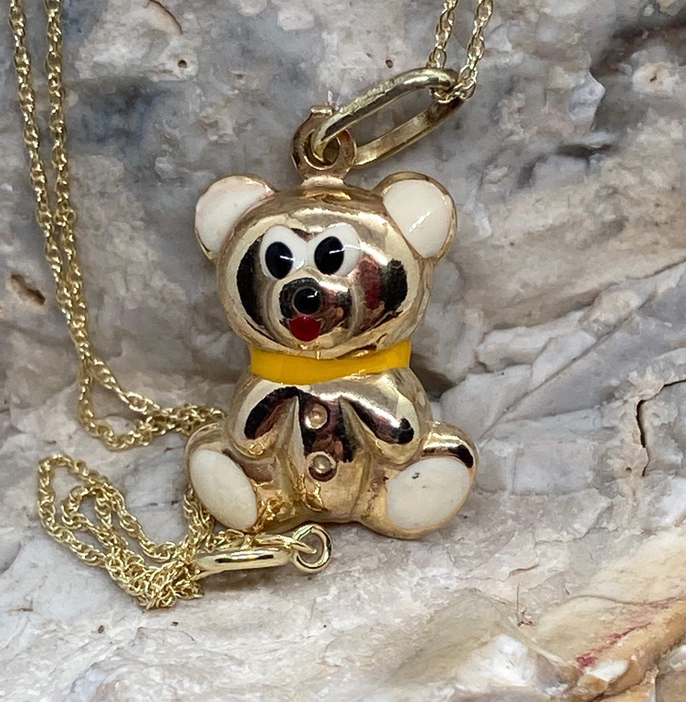 Vintage 9ct Gold and Enamel Teddy Bear Pendant Necklace - Etsy