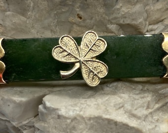 Green nephrite jade antique brooch with shamrock clover
