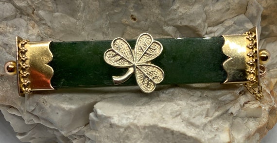 Green nephrite jade antique brooch with shamrock … - image 1