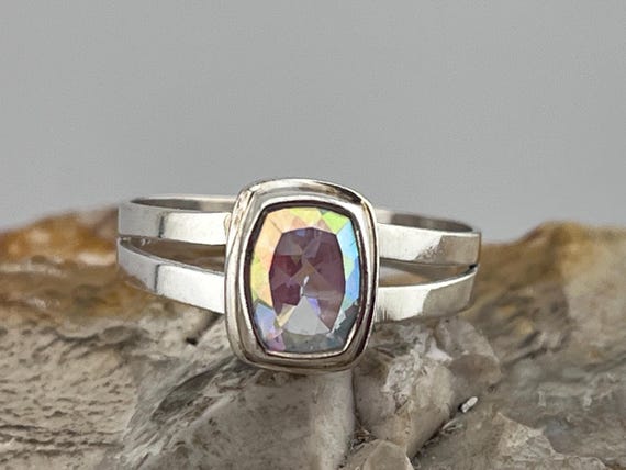 solid silver rainbow crystal solitaire ring size … - image 1