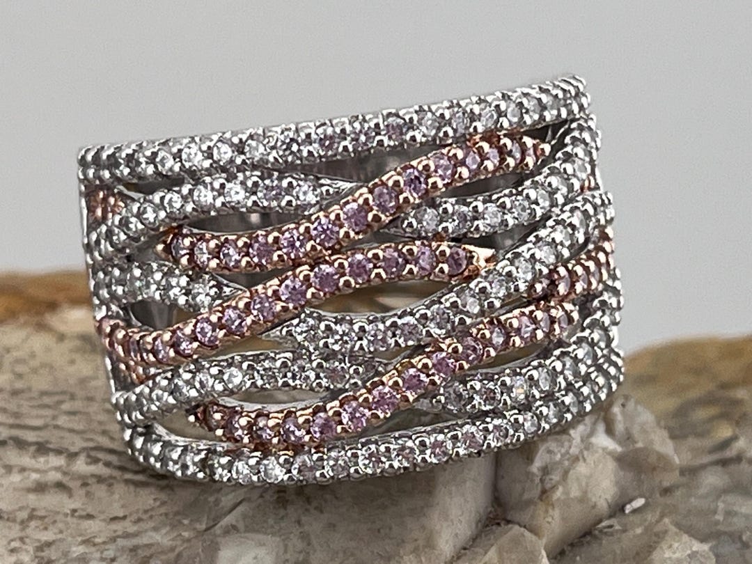 Broad Silver Pink and White Cz Multi Strand Ring Band Stacker Size Uk S ...