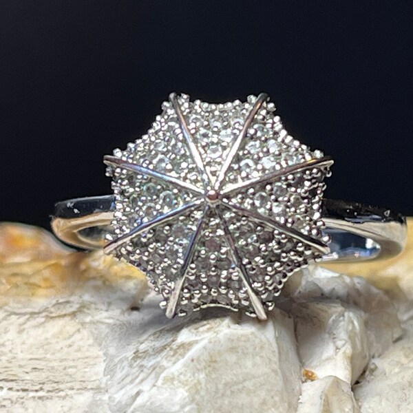 Vintage diamond parasol silver ring size uk T USA 9.75