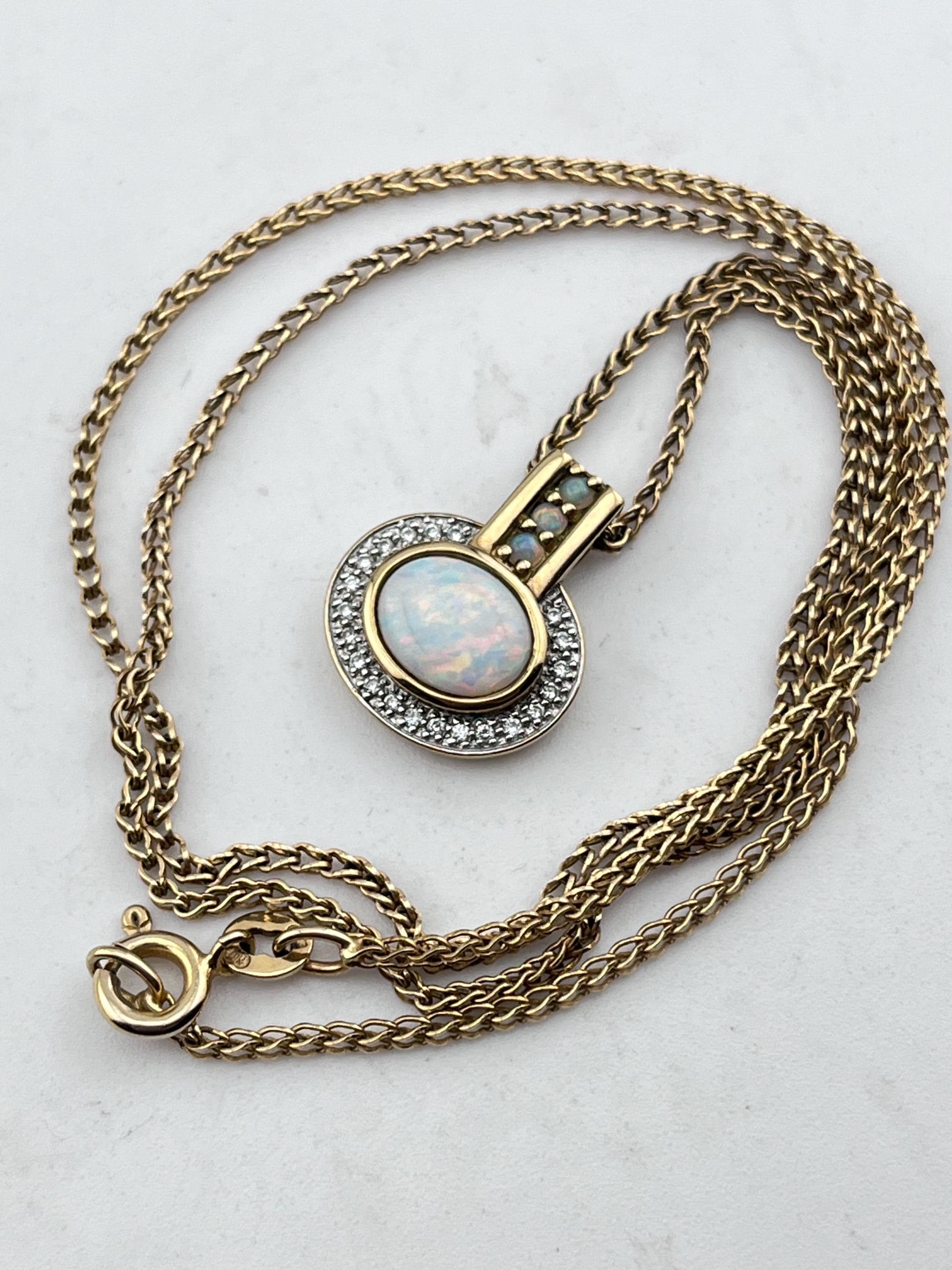 Opal and diamond pendant on 52cm foxtail chain necklace vintage