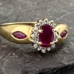 Ruby and diamond halo ring Ruby shoulders 9ct gold size uk L USA 5.75