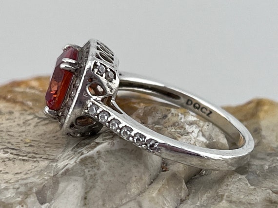 solid silver orange/red cz halo ring size uk P US… - image 2