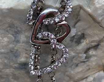 Vintage solid silver gem set three heart negligee pendant necklace