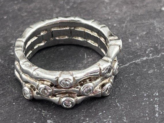 solid silver three row bamboo and cz ring size uk… - image 10