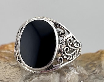 Bague Chevalière Argent Avec Solitaire Noir - Taille 50, Occasion état Impeccable, Bijou Vintage Femme