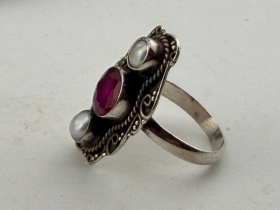 ruby and Pearl silver statement ring size uk O US… - image 6