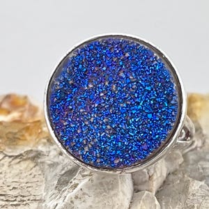 titanium blue drusy sterling silver ring with certification size uk S USA 9.25