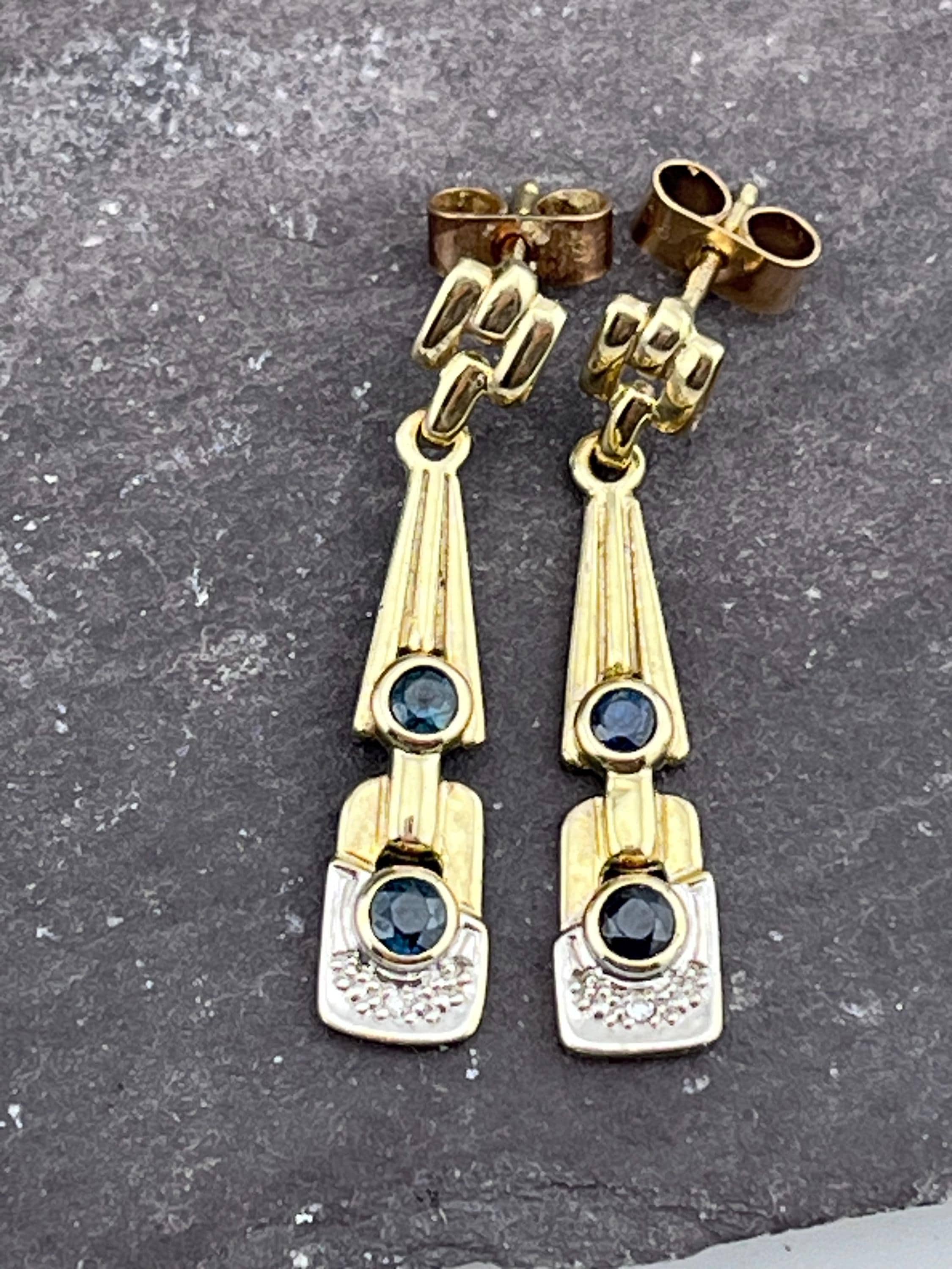 sapphire and diamond dangle drop earrings 9ct gold