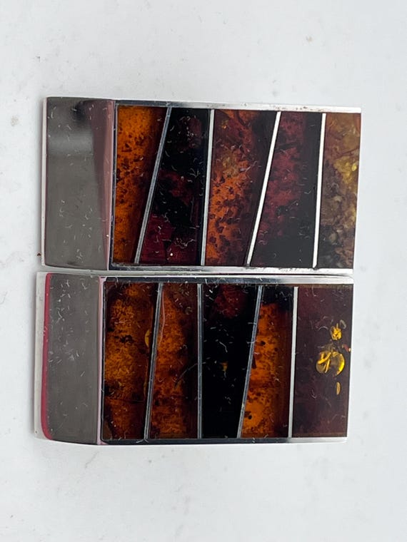 Amber and sterling silver rectangular large earri… - image 1