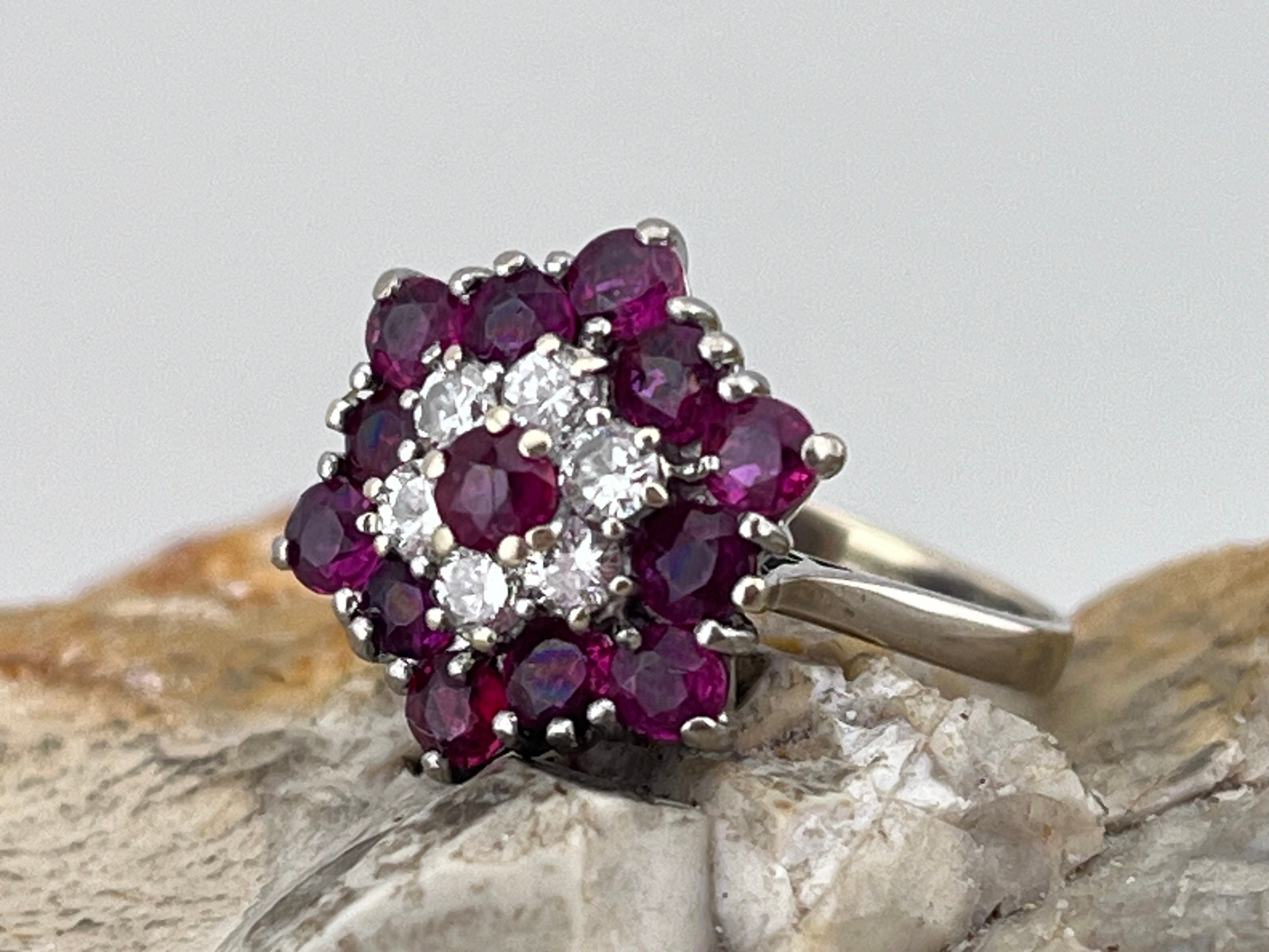 Vintage 18ct White Gold Ruby & Diamond Hexagonal Statement