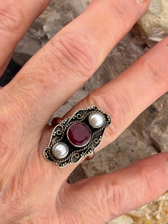 ruby and Pearl silver statement ring size uk O US… - image 5