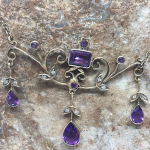 Vintage art nouveau 9ct gold amethyst and diamond levalier necklace