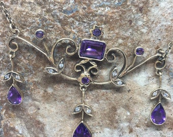 Vintage art nouveau 9ct gouden amethist en diamant levalier ketting