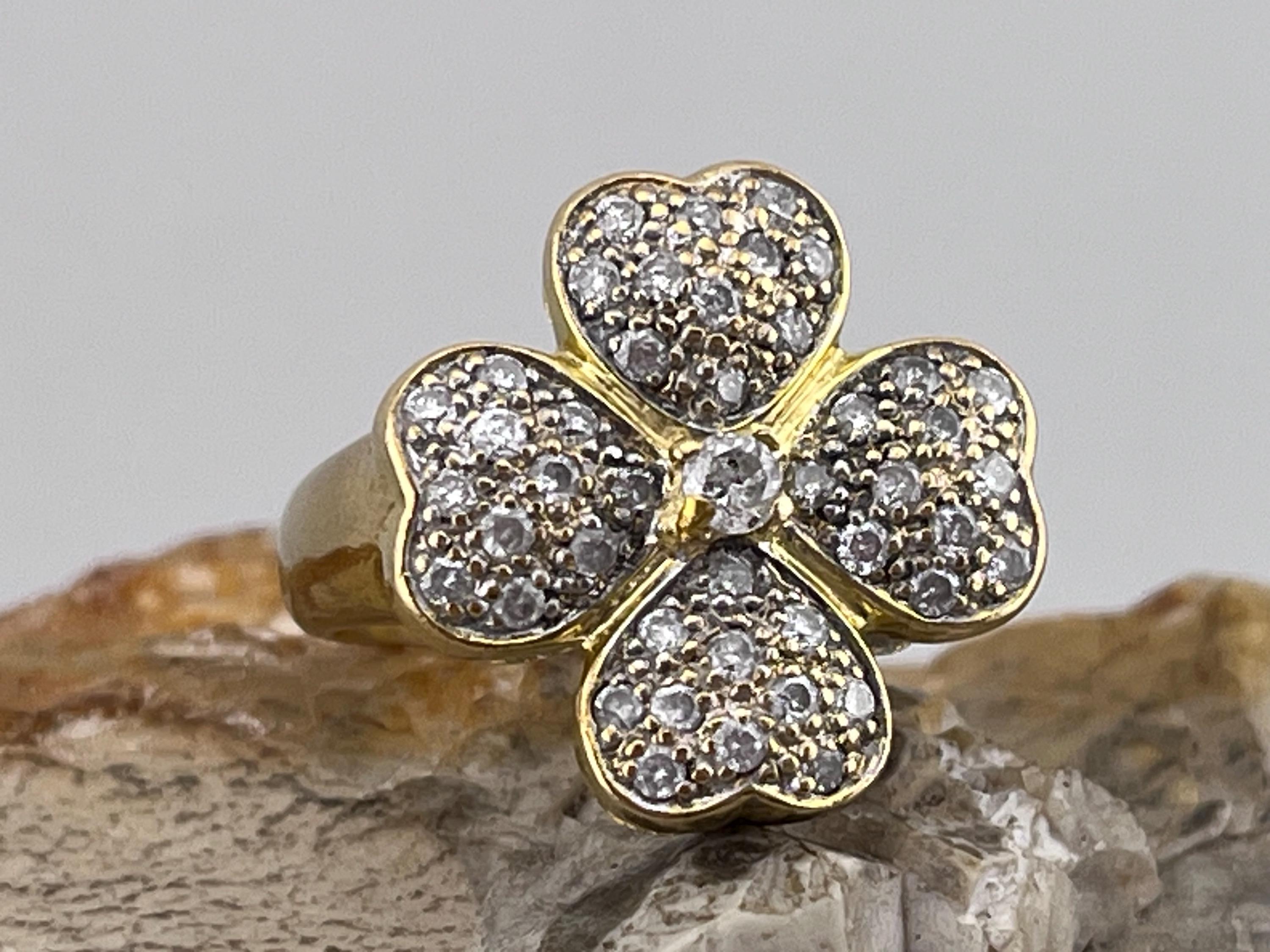 Bague Ancienne Porte-bonheur Trèfle En Or 18k - Taille 50, Bijou Vintage Fin, Occasion