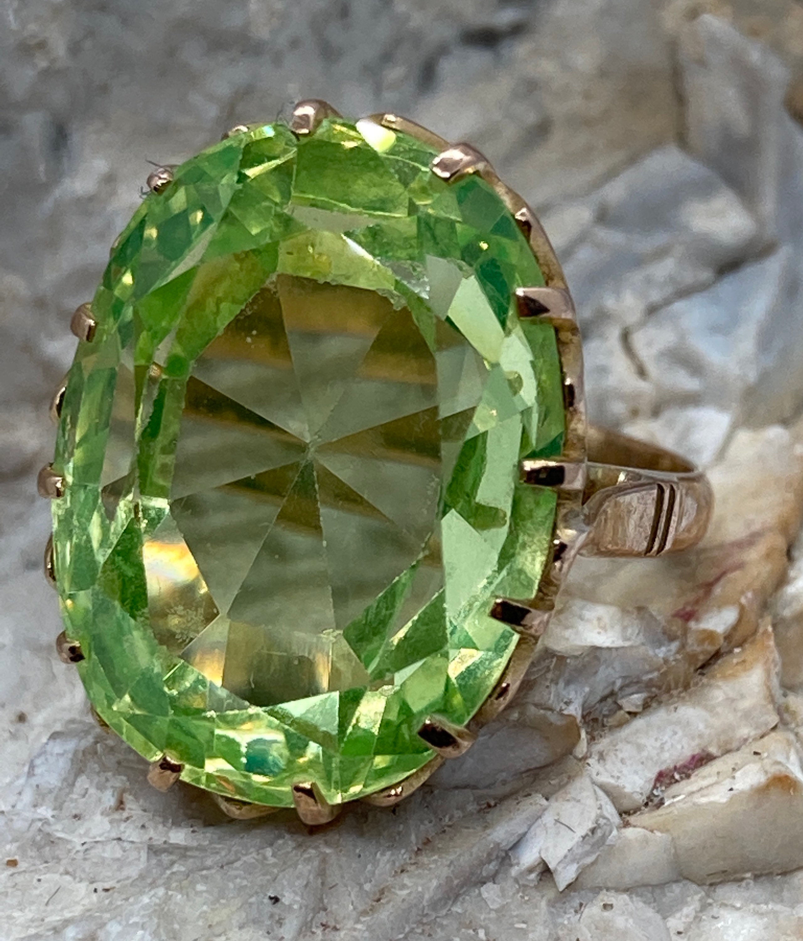 Vintage 9ct gold mounted huge lime green gemstone ring size Etsy