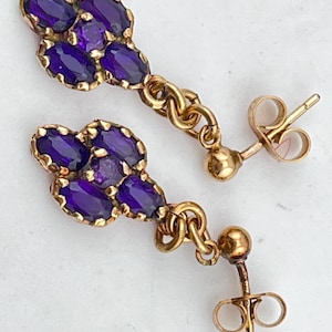 amethyst and 9ct gold dangle drop stud vintage earrings