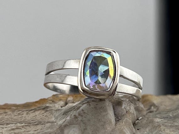 solid silver rainbow crystal solitaire ring size … - image 8