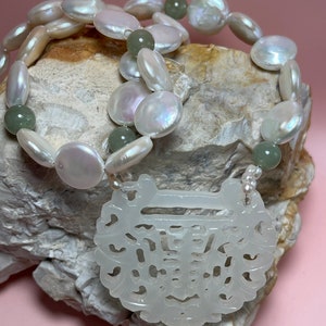 60cm vintage button Pearl and jade imposing plaque necklace image 7