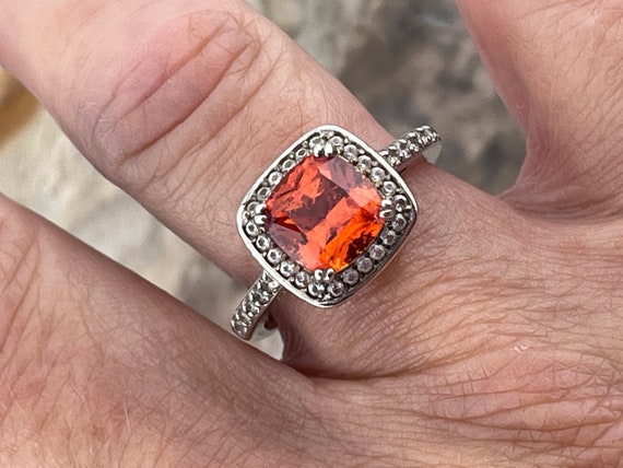 solid silver orange/red cz halo ring size uk P US… - image 6