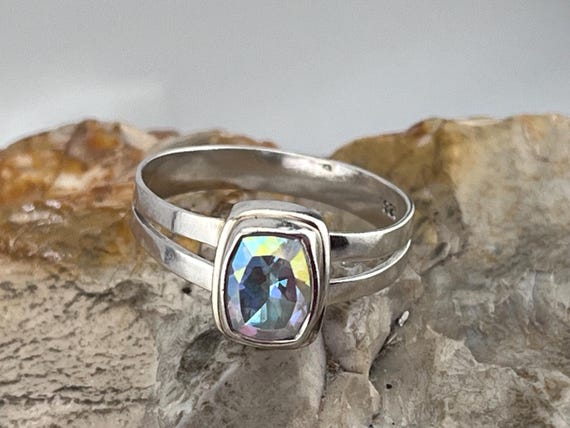 solid silver rainbow crystal solitaire ring size … - image 7
