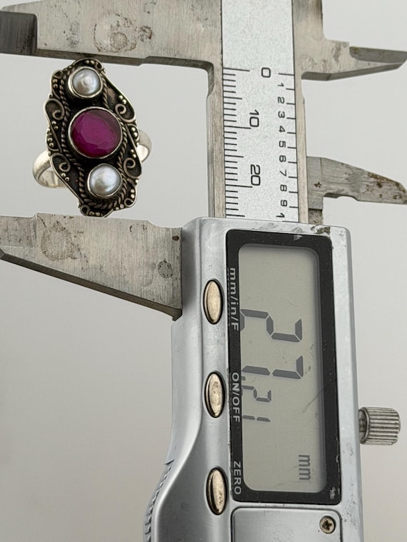 ruby and Pearl silver statement ring size uk O US… - image 4