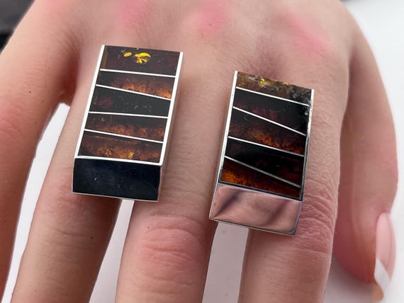 Amber and sterling silver rectangular large earri… - image 7