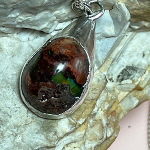 Silver mounted natural matrix Opal pendant necklace 60cm