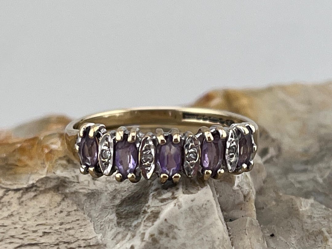 Vintage 9ct Gold Amethyst and Diamond Ring Band Stacker Spacer Size Uk ...