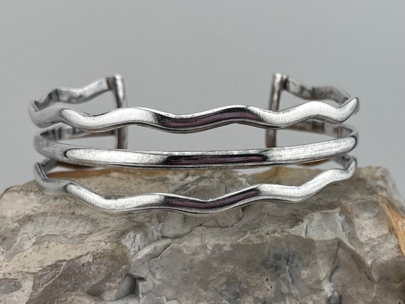 solid silver three row torc bangle bracelet - image 1