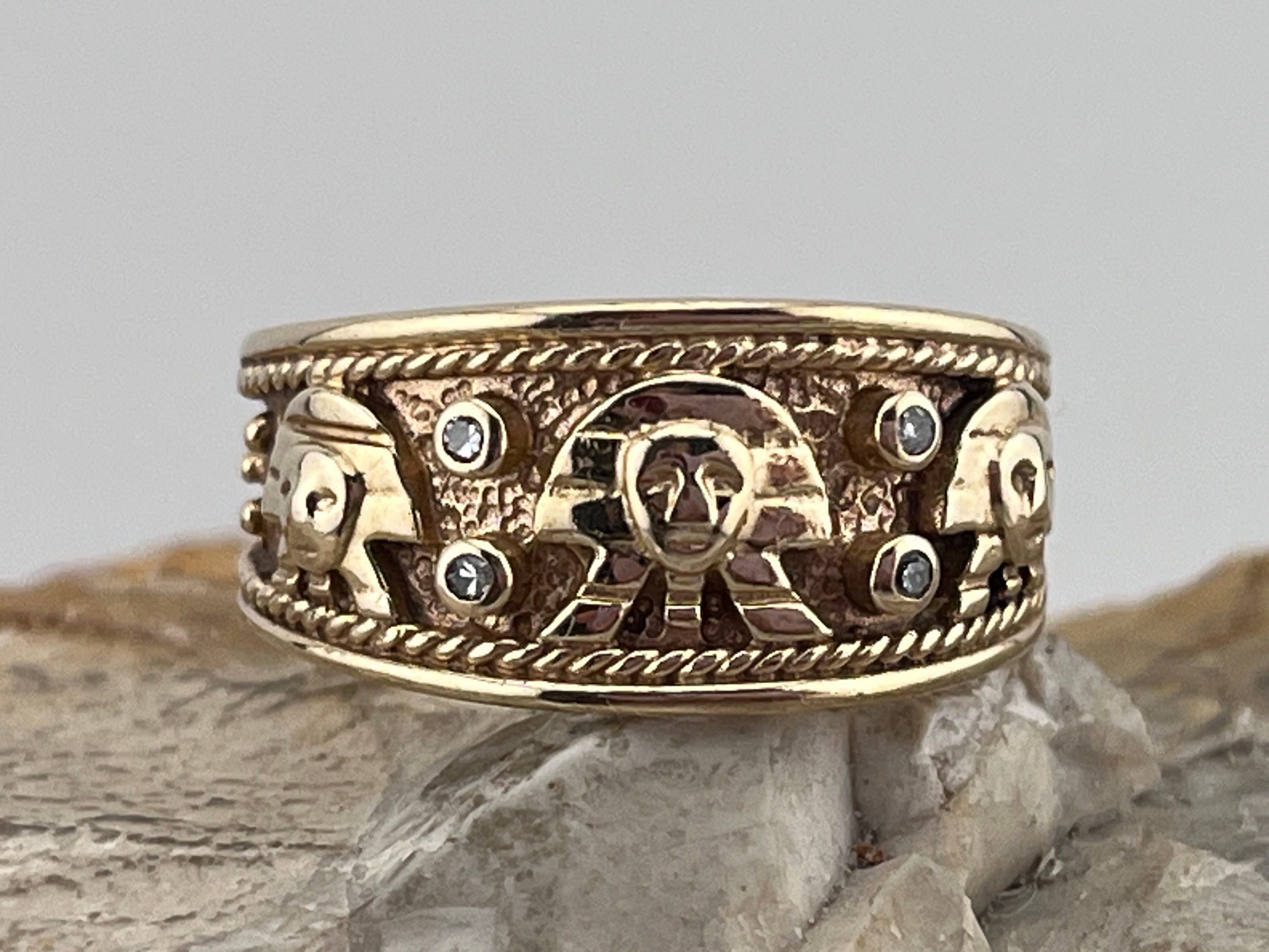 1990s 9ct oro vintage diamante anillo egipcio banda apilador