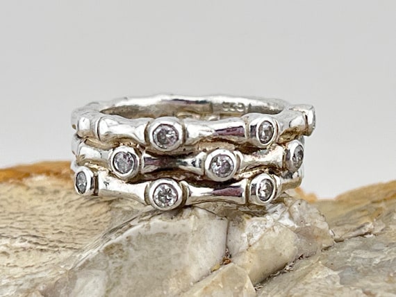 solid silver three row bamboo and cz ring size uk… - image 1