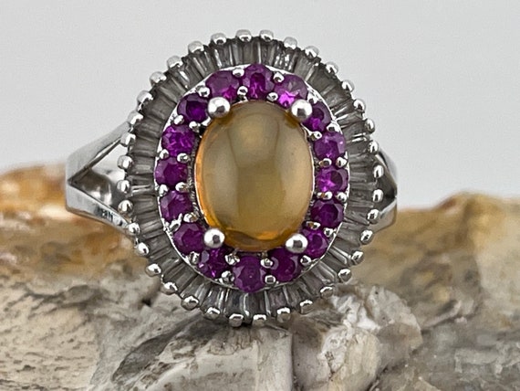 statement Opal, Ruby and white topaz ring size uk… - image 1
