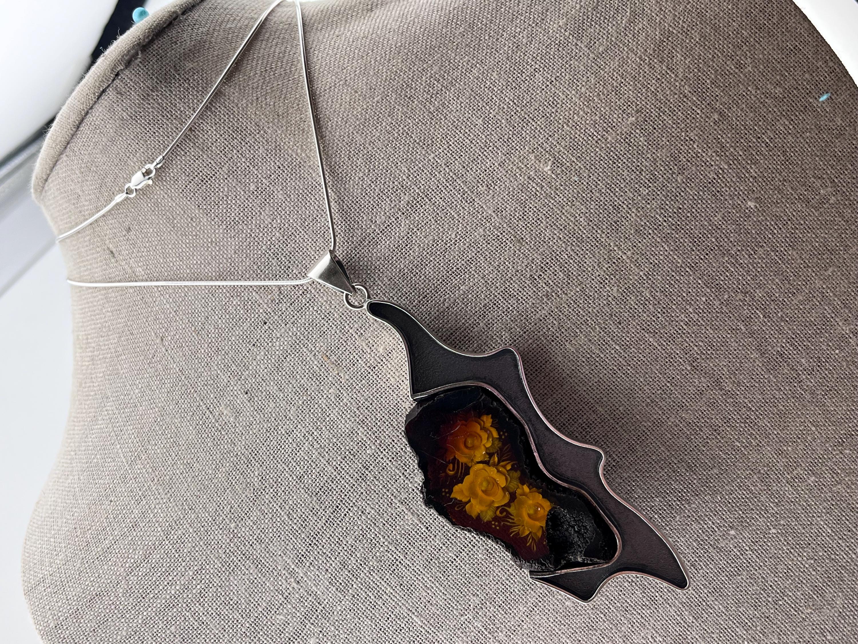 Collier Câble Argent Massif 925 Avec Gros Pendentif Ambre - Occasion/antique