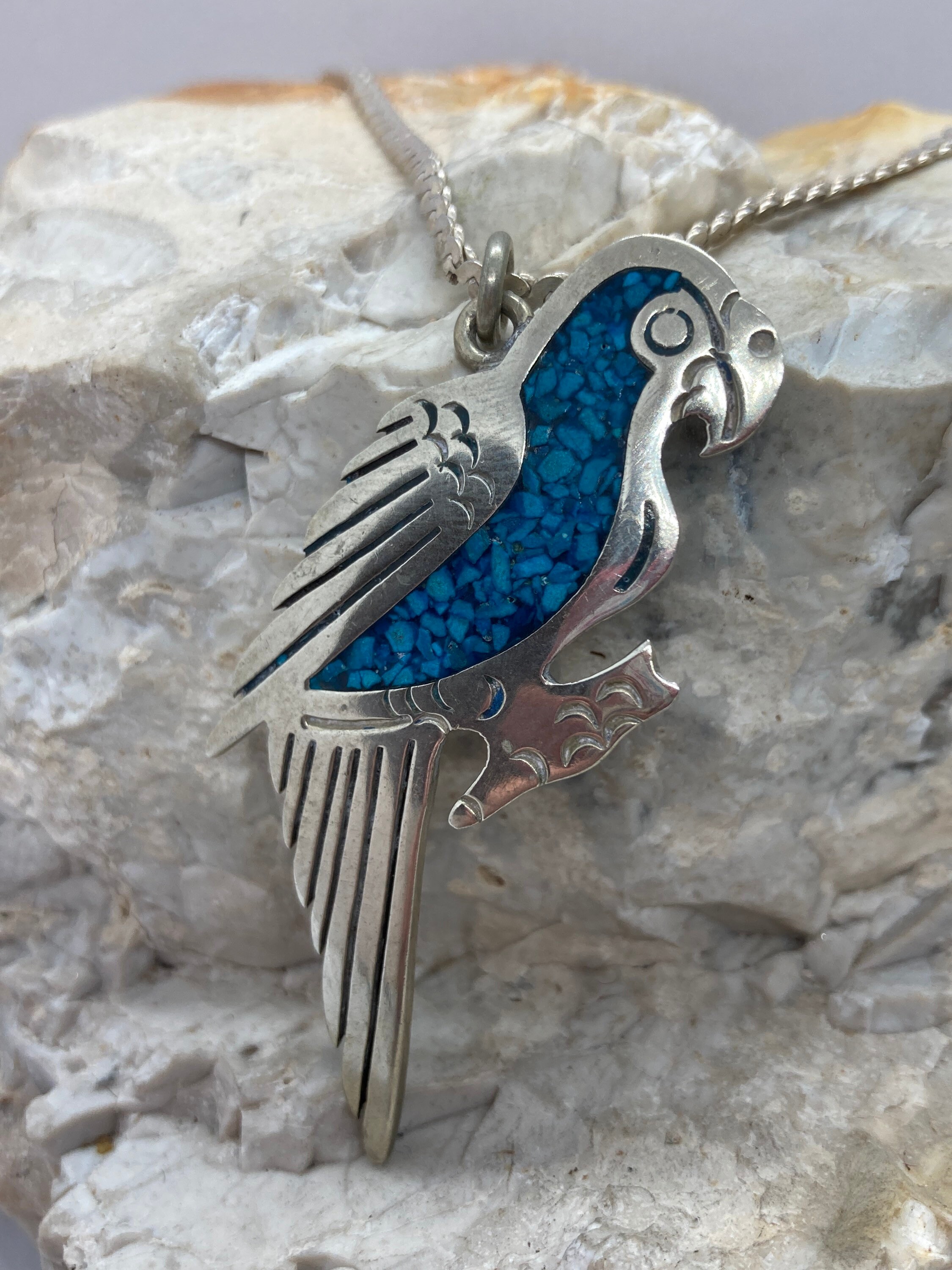 Mexico silver turquoise parrot vintage pendant necklace Mexico silver turquoise parrot vintage pendant necklace