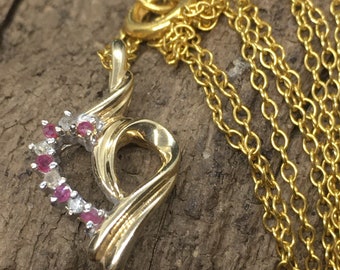 Vintage 9ct ruby and diamond heart pendant necklace